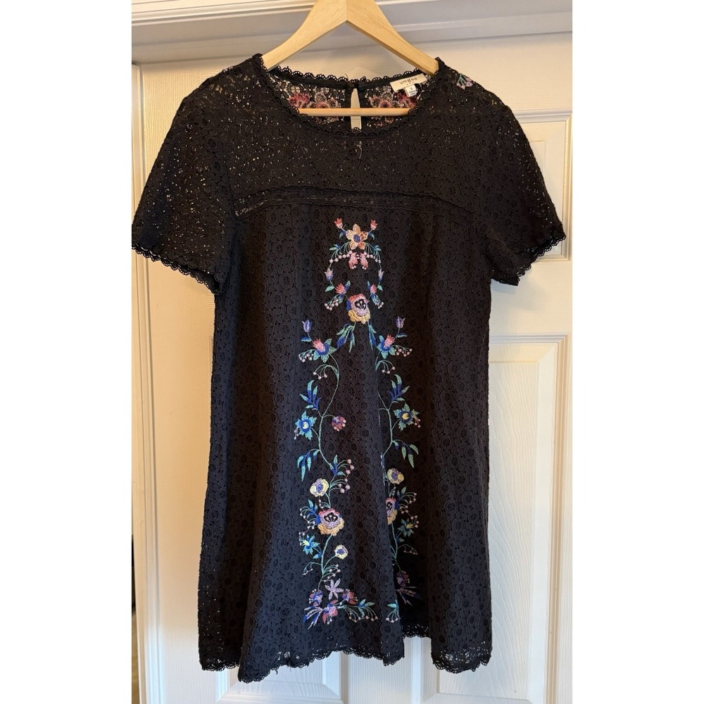 Umgee Dress Womens Small Black Floral Embroidered Lace Short Sleeve Boho Shift